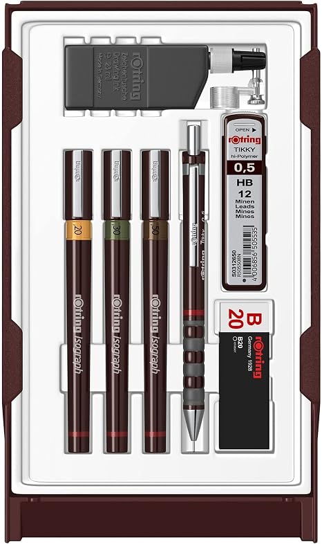 rOtring Isograph Juego de Plumas Técnicas de Dibujo para Colegio, (0.20, 0.30, 0.50 mm), Incluye Plumas, Lápiz, Goma y Más - Diseñado para…