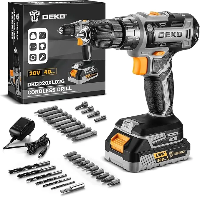 Taladro inalámbrico: DEKOPRO Taladro inalámbrico 20V set de herramientas eléctricas con batería y cargador
