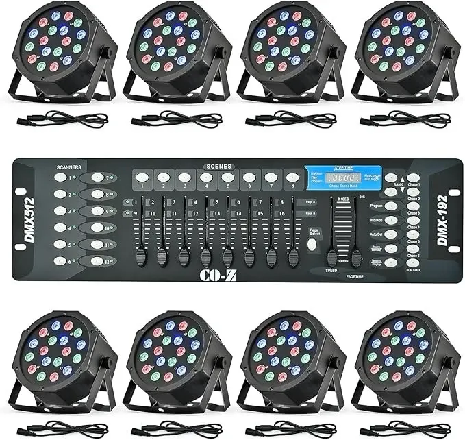 Paquete de 8 luces LED para escenario 18x3W RGB Par Can con activación por sonido y control DMX